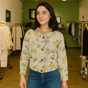 Liz Claiborne Bomber Jacket Women's SMALL Petite Cotton Yellow Seashells Coastal